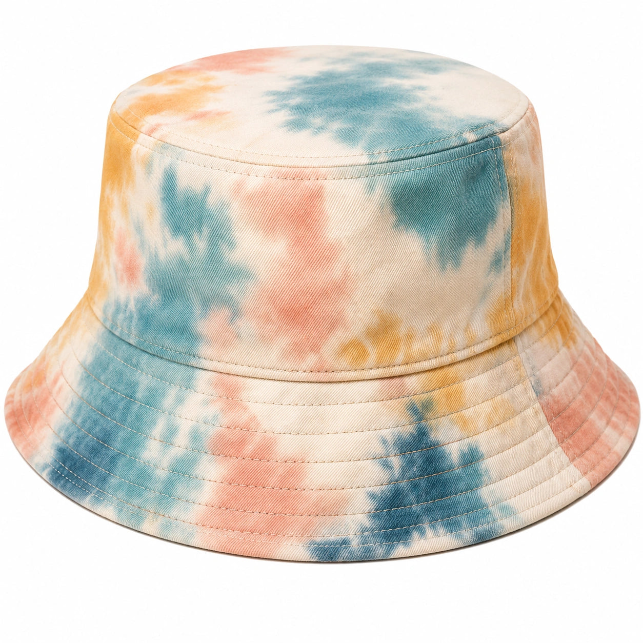 Fischerhut mit Batikmuster in Blau, Orange und Rosa