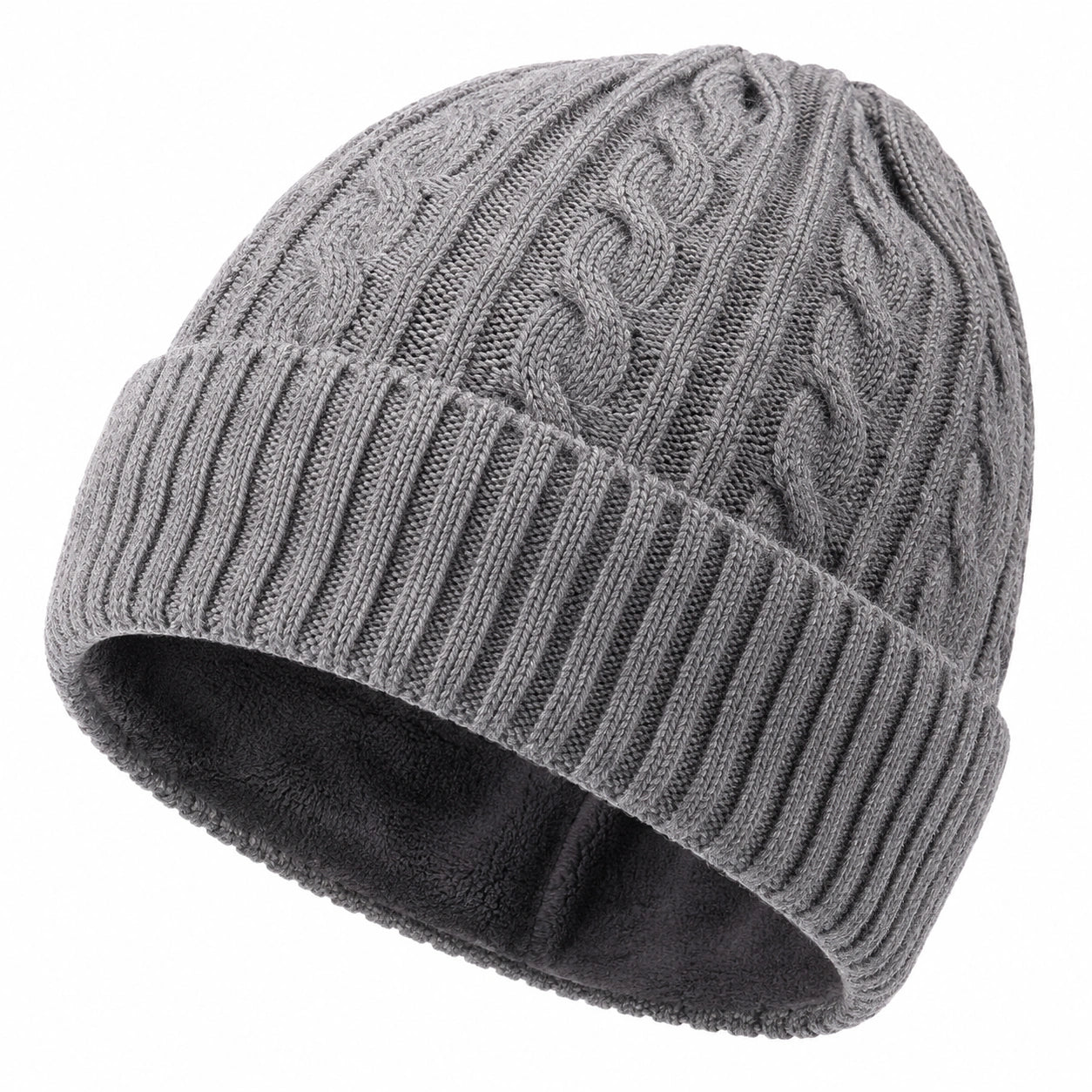 Graue Zopfmuster-Strickmütze mit Fleece-Futter